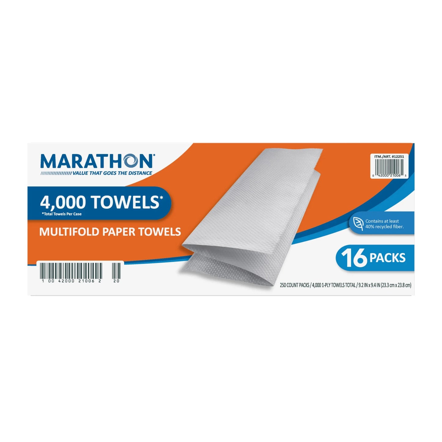 Marathon Paper Towels, Multifold, 1-Ply, 250 Sheets, 16-count