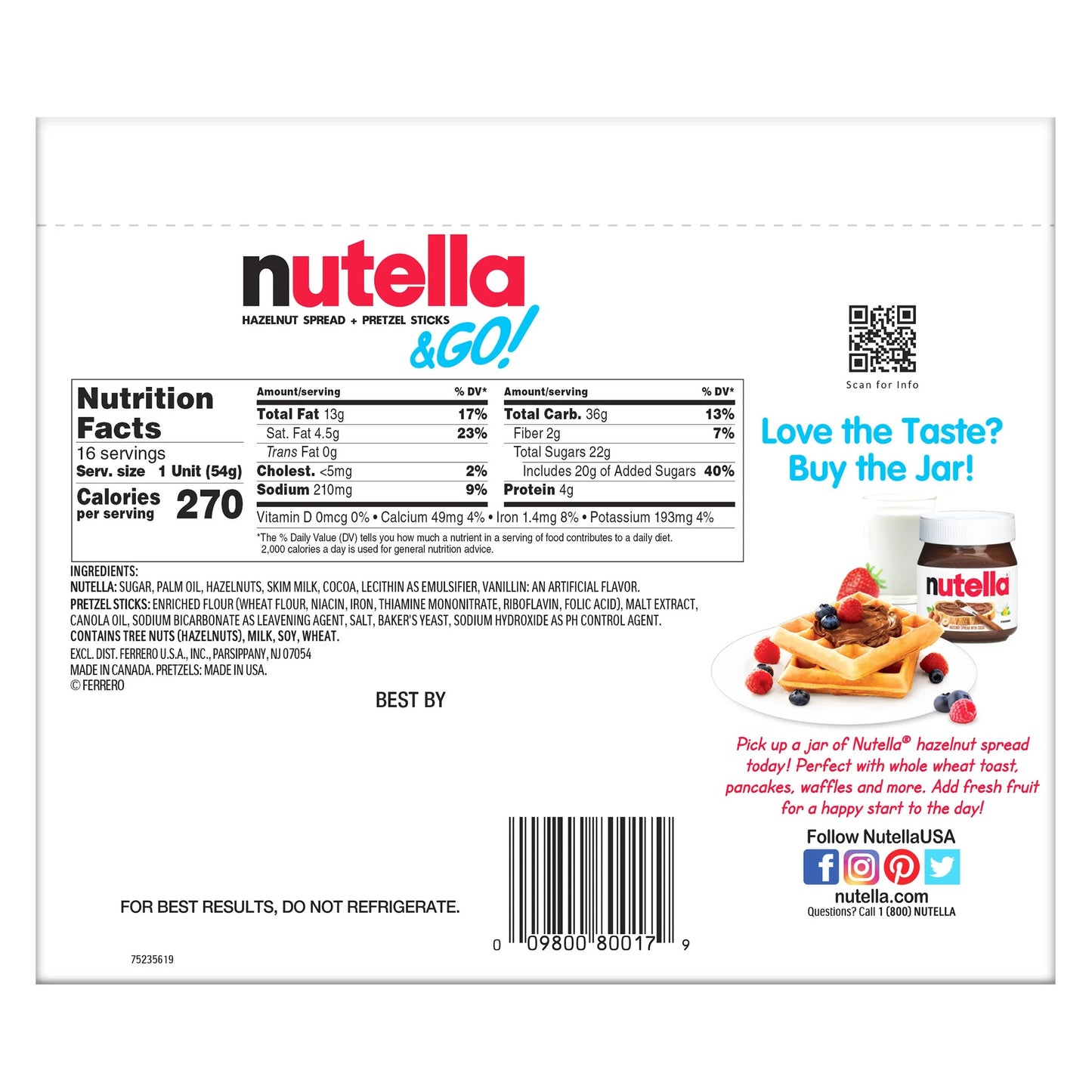 "Nutella & GO! Hazelnut and Cocoa Spread With Pretzels, 1.9 oz, 16 Pack "