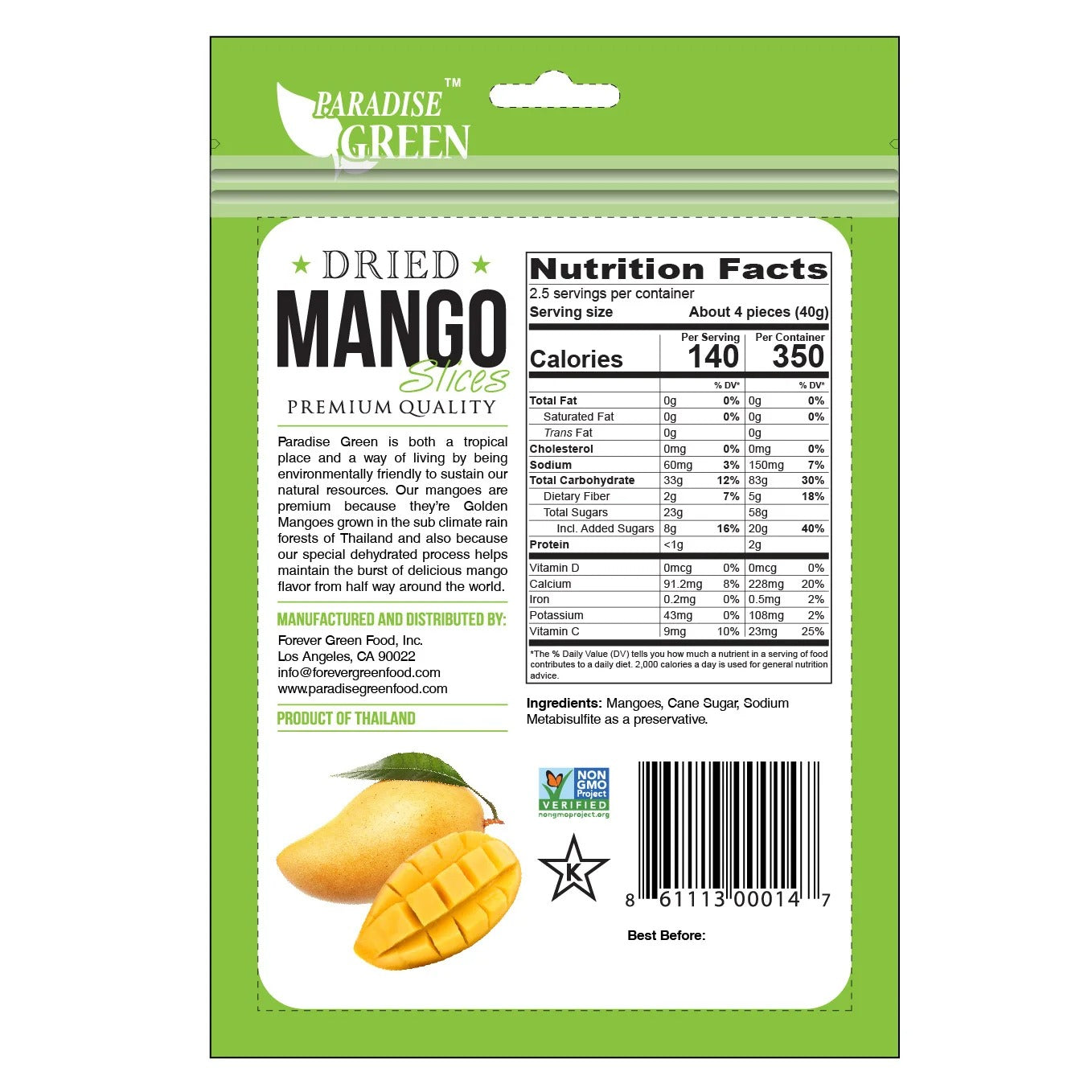 Paradise Green Premium Dried Mango Slices, 3.5 oz, 8-count