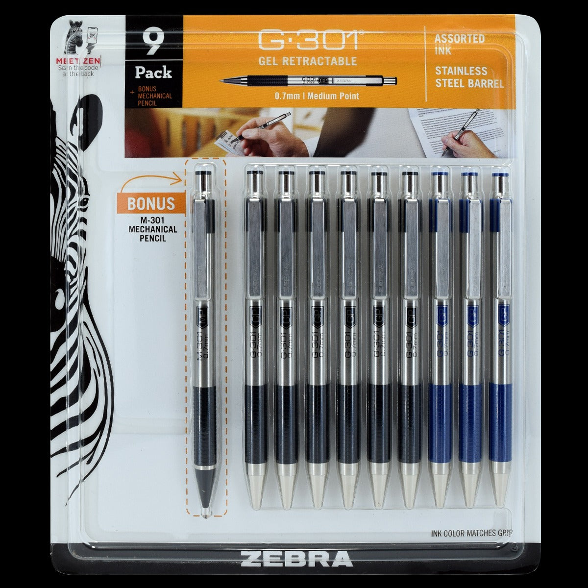 Zebra G-301 Retractable Gel Pen, Medium Point 0.7mm, Assorted Ink Colors, 9-count