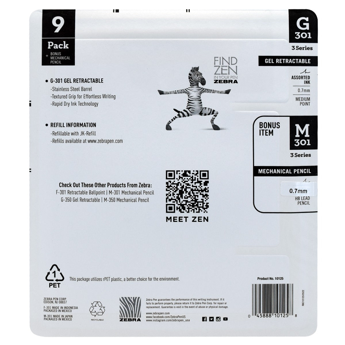 Zebra G-301 Retractable Gel Pen, Medium Point 0.7mm, Assorted Ink Colors, 9-count