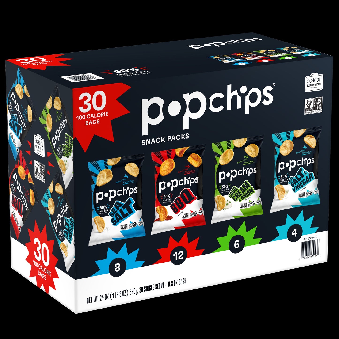 Popchips Potato Chips Snack Packs, Variety Pack, 0.8 oz, 30-count