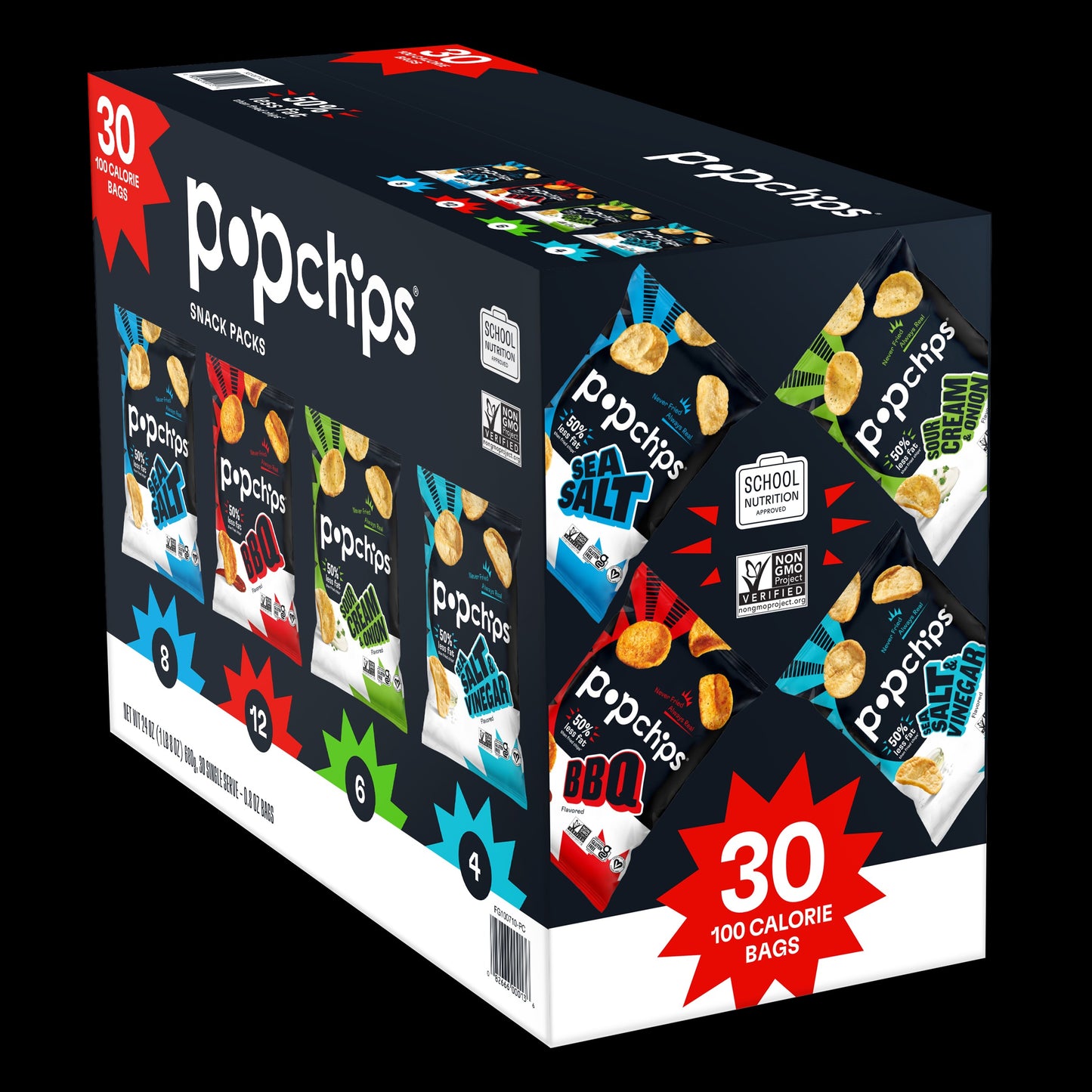 Popchips Potato Chips Snack Packs, Variety Pack, 0.8 oz, 30-count