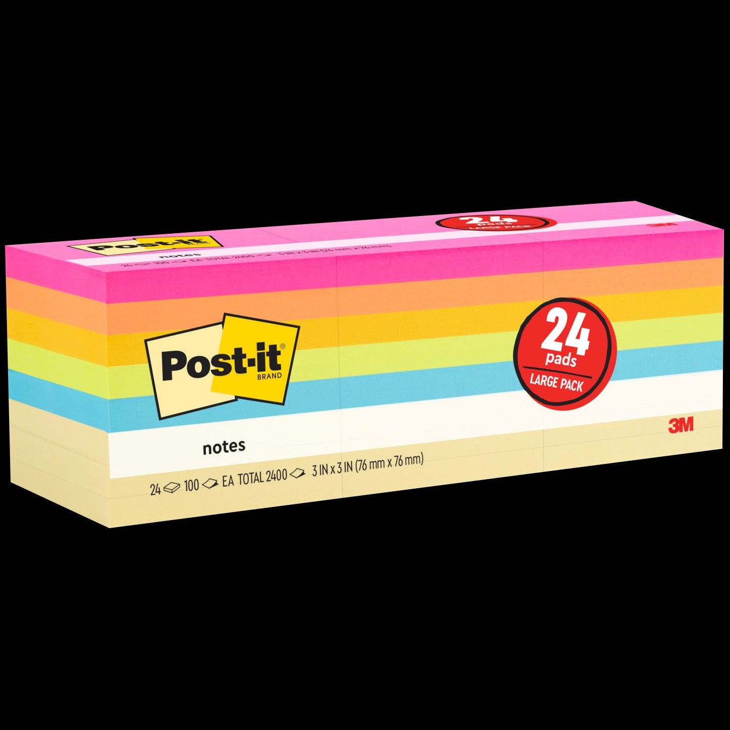 Post-it Notes, 3” x 3”, Assorted Bright Colors, 100 Sheets, 24 Pads