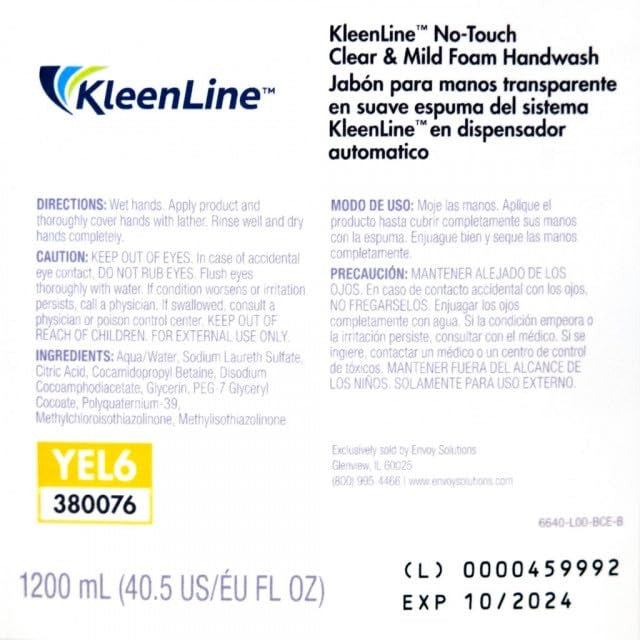 KLEENLINE No-Touch Clear & Mild Foam Handwash, 6640-02-BCE00YL, 1200ml Refills | 2 Bottles/Case