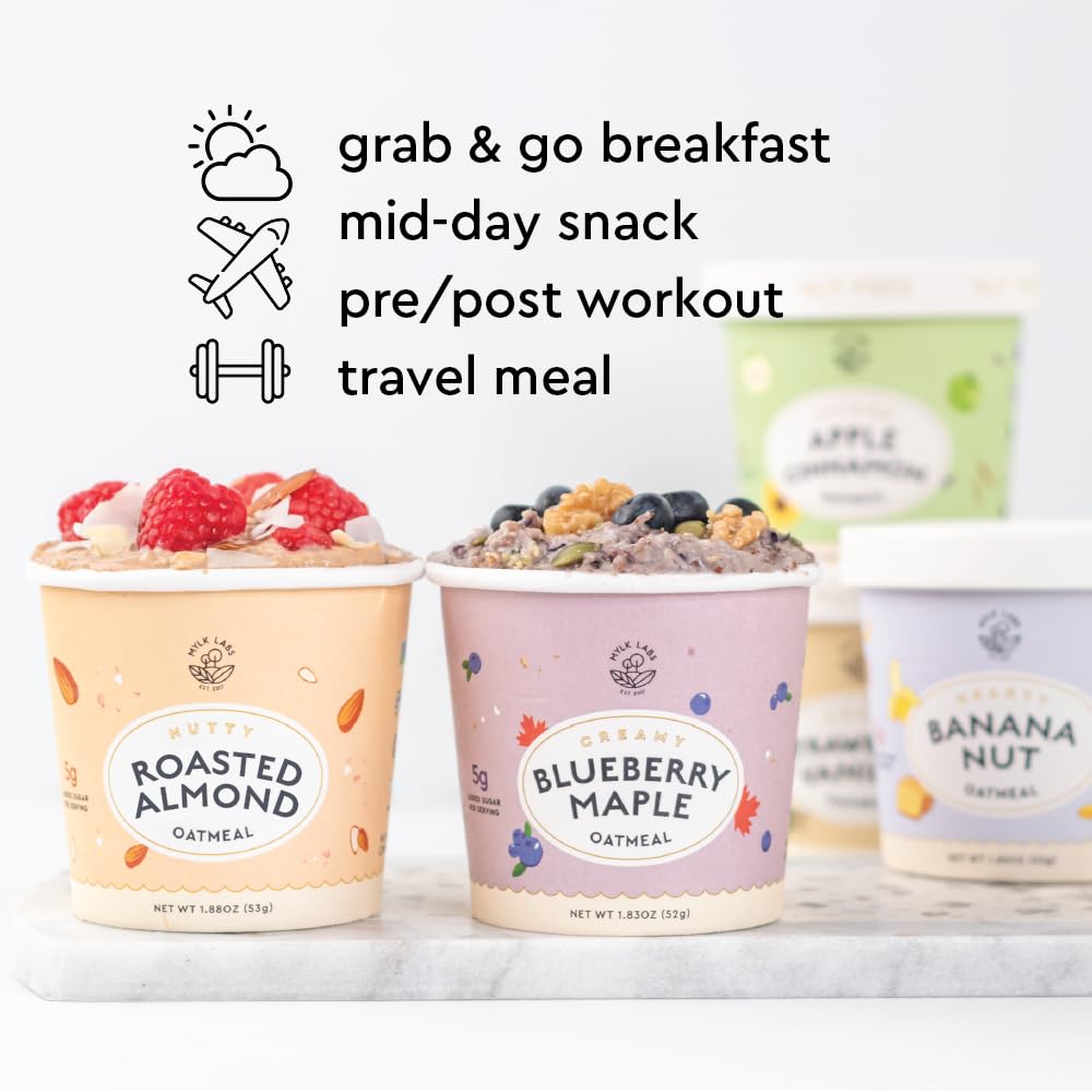 Mylk Labs Blueberry Maple Protein Oatmeal Cups, Whole Grain, Low Sugar, High Fiber Breakfast with Superfoods, Quick & Easy, On the Go, Instant Oatmeal, Rolled Oats, Gluten Free, Vegan, Nut Free, 12 Pack