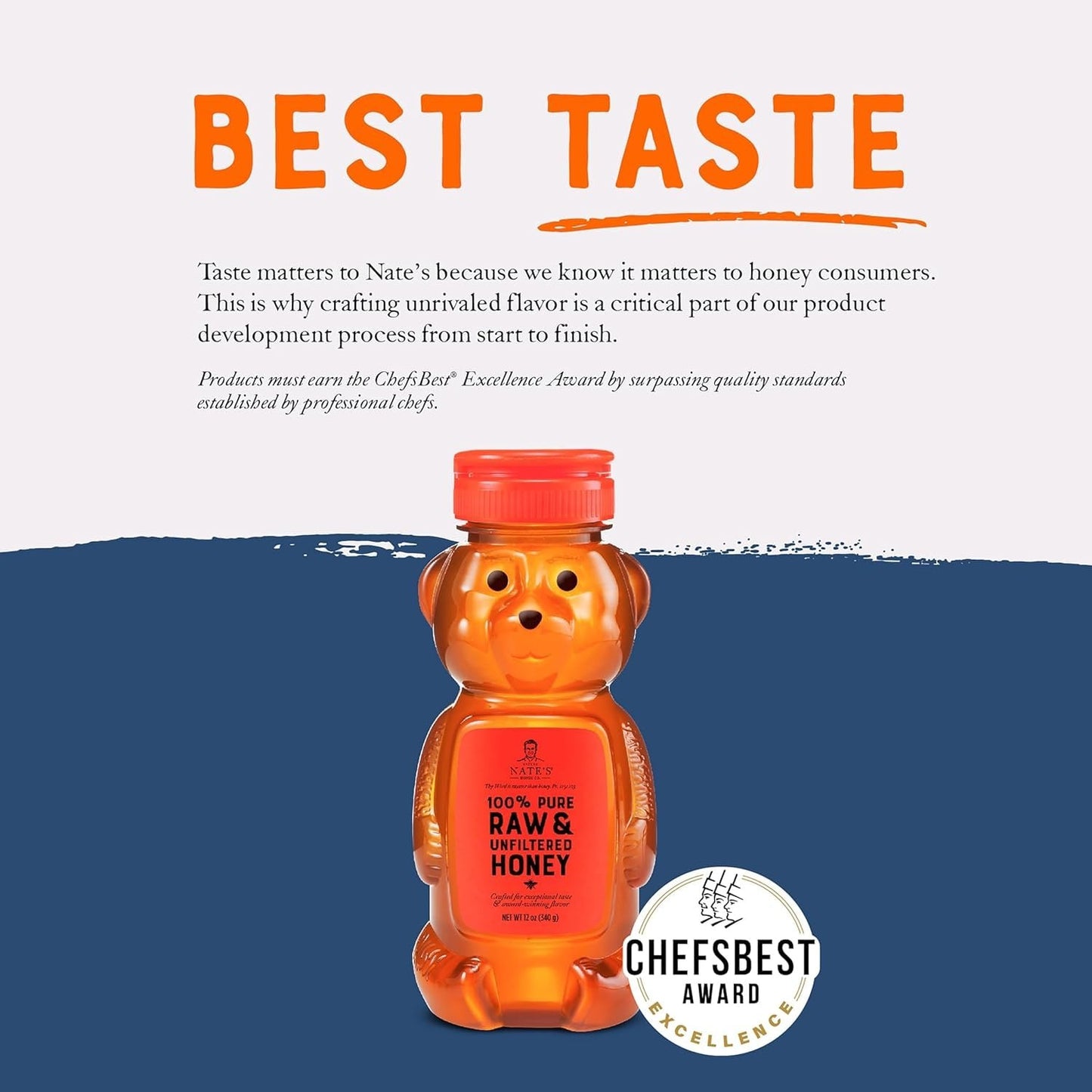 Nate's 100% Pure, Raw & Unfiltered Honey - Award-Winning Taste, 12oz. Honey Bear Bottle