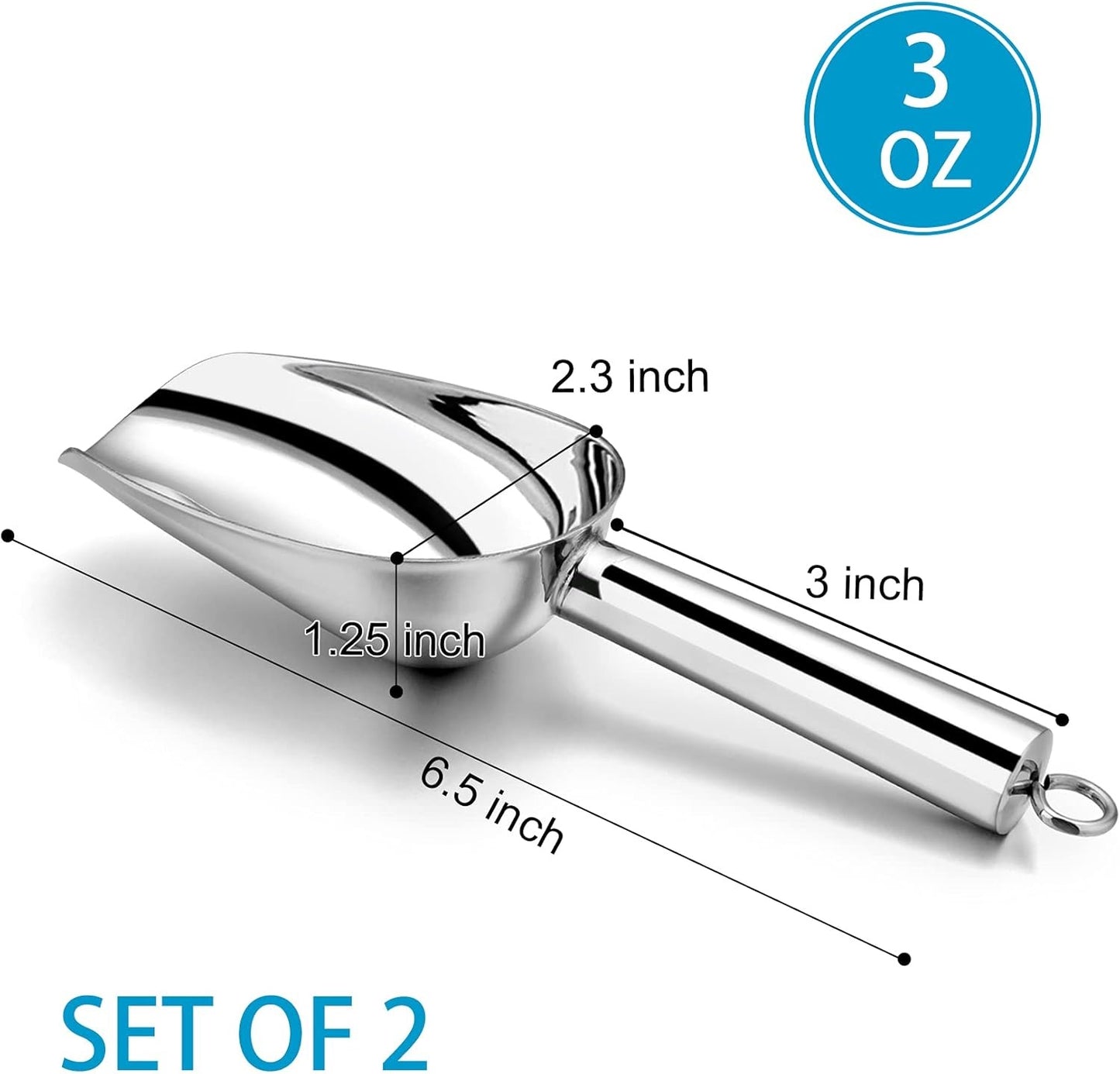 P&P CHEF Mini Scoop Set of 2, Stainless Steel Small Candy Sweet Ice Cube Scoops for Home Bar Buffet Wedding Canisters, Easy Clean & Sturdy, (Silver, 3 Oz)