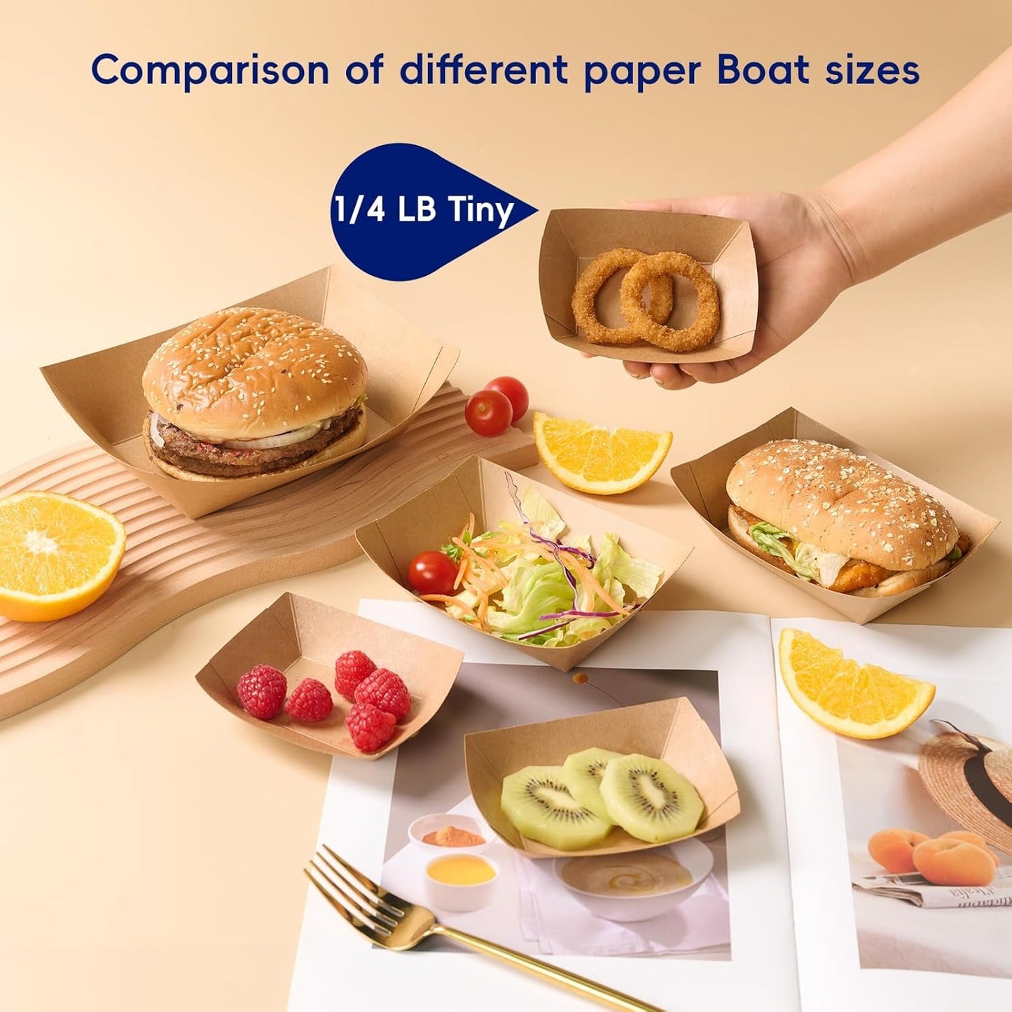 JOLLY CHEF 250 Pack 1/4 Lb Paper Food Trays, Mini Disposable Boat, Paper Food Serving Tray for Snack Dessert Taco Nacho (Tiny)