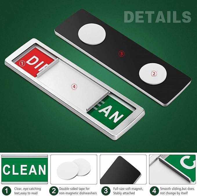 Dishwasher Magnet Clean Dirty Sign Shutter Only Changes When You Push It Non-Scratching Strong Magnet or Adhesive Options Indicator Tells Whether Dishes are Clean or Dirty (Silver)