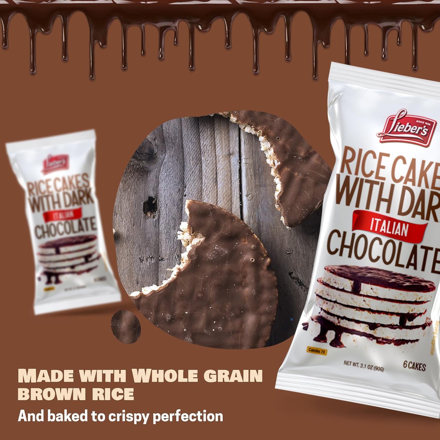 LIEBERS Dark Chocolate Rice Cakes, Kosher Certified Dairy Free, Gluten Free Snack (Dark Chocolate) Pack Of 8