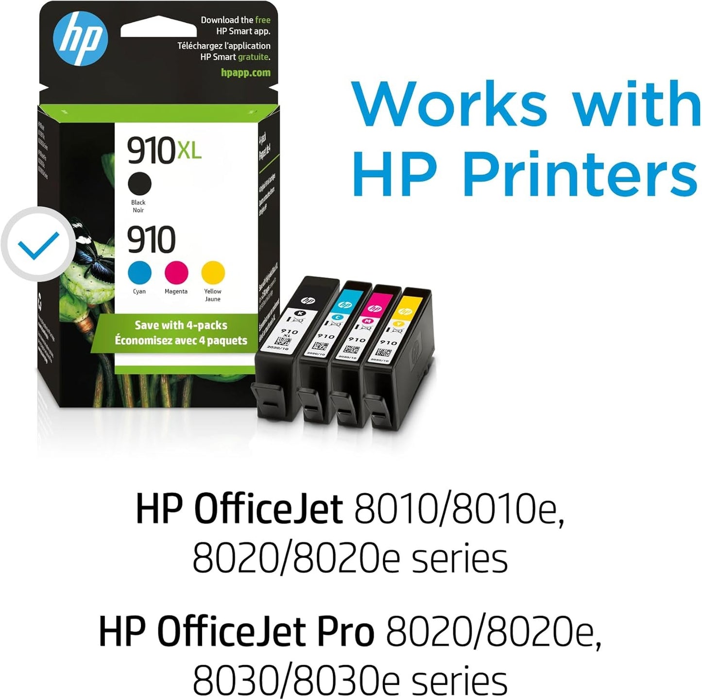 HP Original 910 Cyan, Magenta, Yellow / 910XL Black Ink Cartridges (4-Pack) | Works OfficeJet 8010, 8020 Series OfficeJet Pro 8020, 8030 Series | Eligible for Instant Ink | 3JB41AN