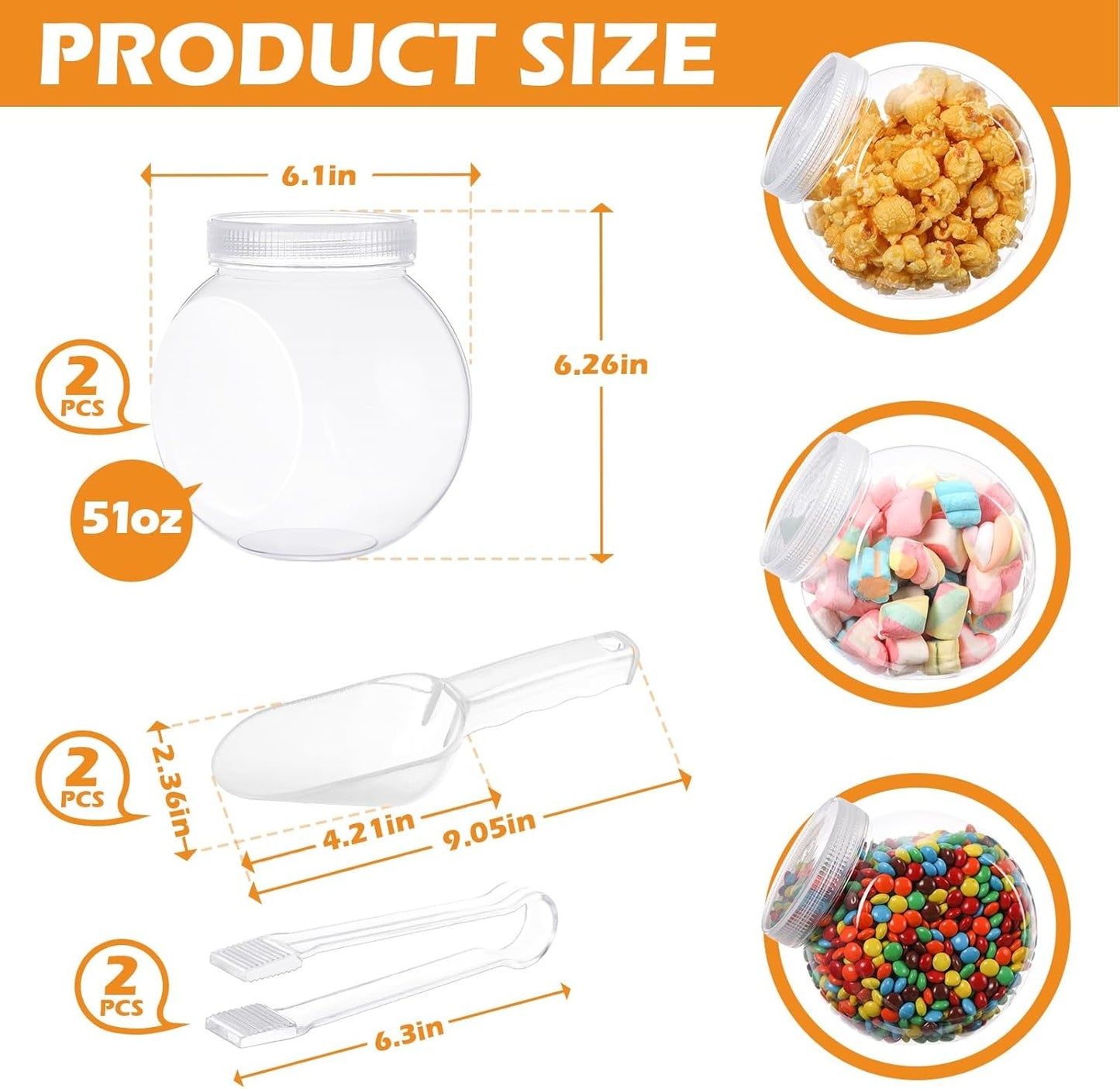 Sunnyray 6 Sets 51 oz Plastic Candy Jars for Candy Buffet with Lids Clear Bar Jars with Scoops and Tongs Kitchen Office Party Cookie Storage Containers for Dry Food Snacks Candies Cookies Coffee Pods