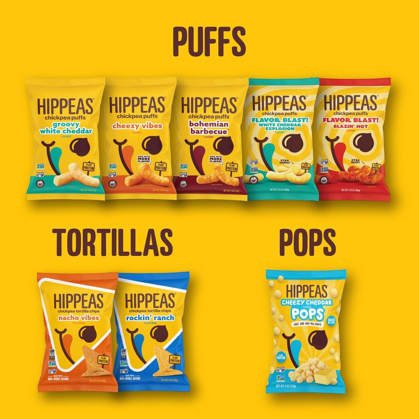 Hippeas Chickpea Puffs, Variety Pack: Groovy White Cheddar, Cheezy Vibes, Barbecue, 0.8 Ounce (Pack of 18), 3g Protein, 2g Fiber, Vegan, Gluten-Free, Crunchy, Plant Protein Snacks