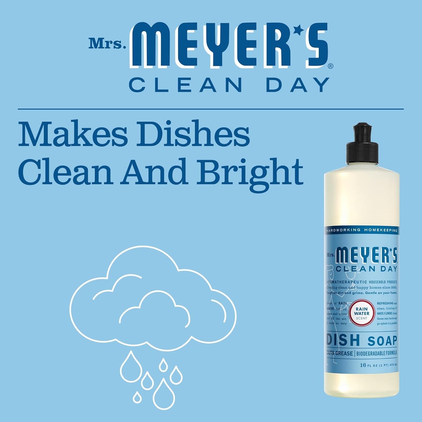 MRS. MEYER'S CLEAN DAY Liquid Dish Soap, Biodegradable Formula, Rain Water, 16 fl. oz