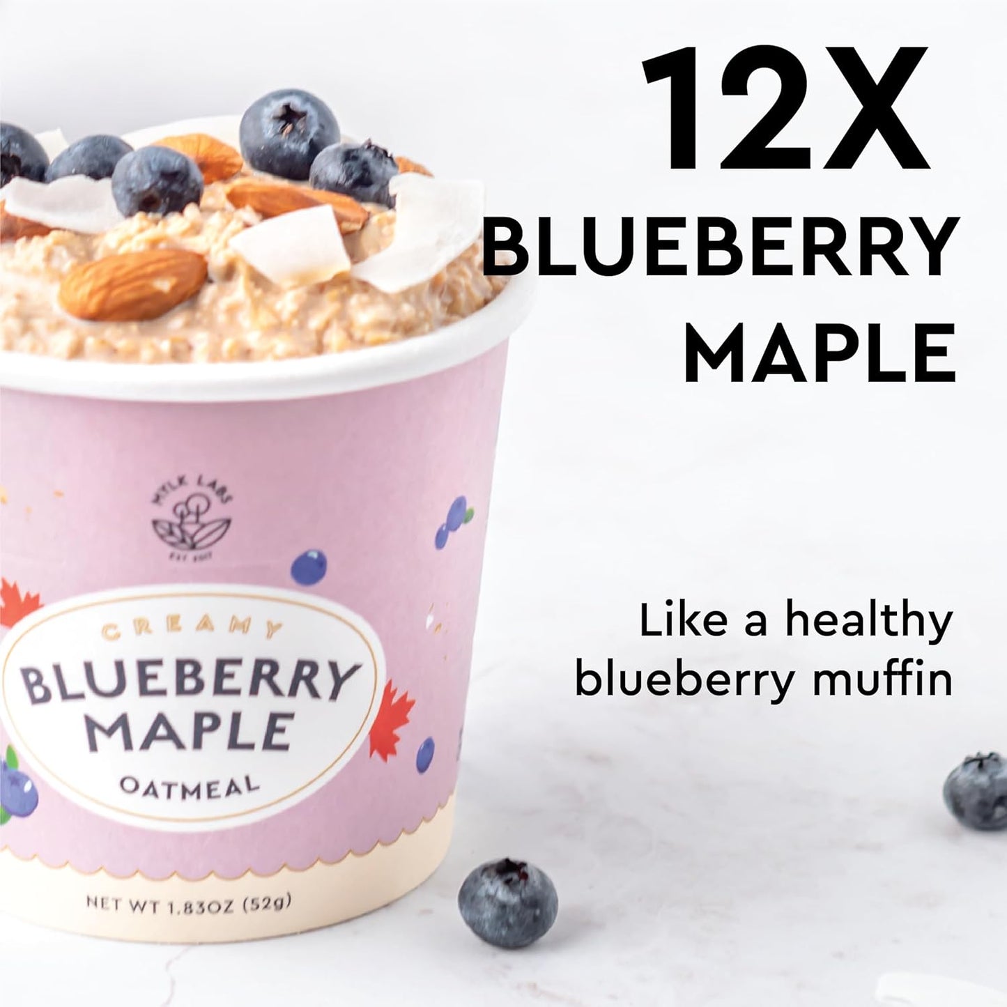 Mylk Labs Blueberry Maple Protein Oatmeal Cups, Whole Grain, Low Sugar, High Fiber Breakfast with Superfoods, Quick & Easy, On the Go, Instant Oatmeal, Rolled Oats, Gluten Free, Vegan, Nut Free, 12 Pack