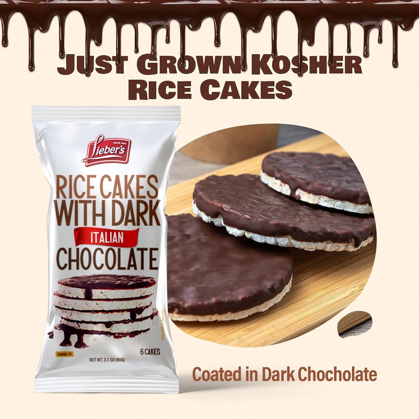 LIEBERS Dark Chocolate Rice Cakes, Kosher Certified Dairy Free, Gluten Free Snack (Dark Chocolate) Pack Of 8