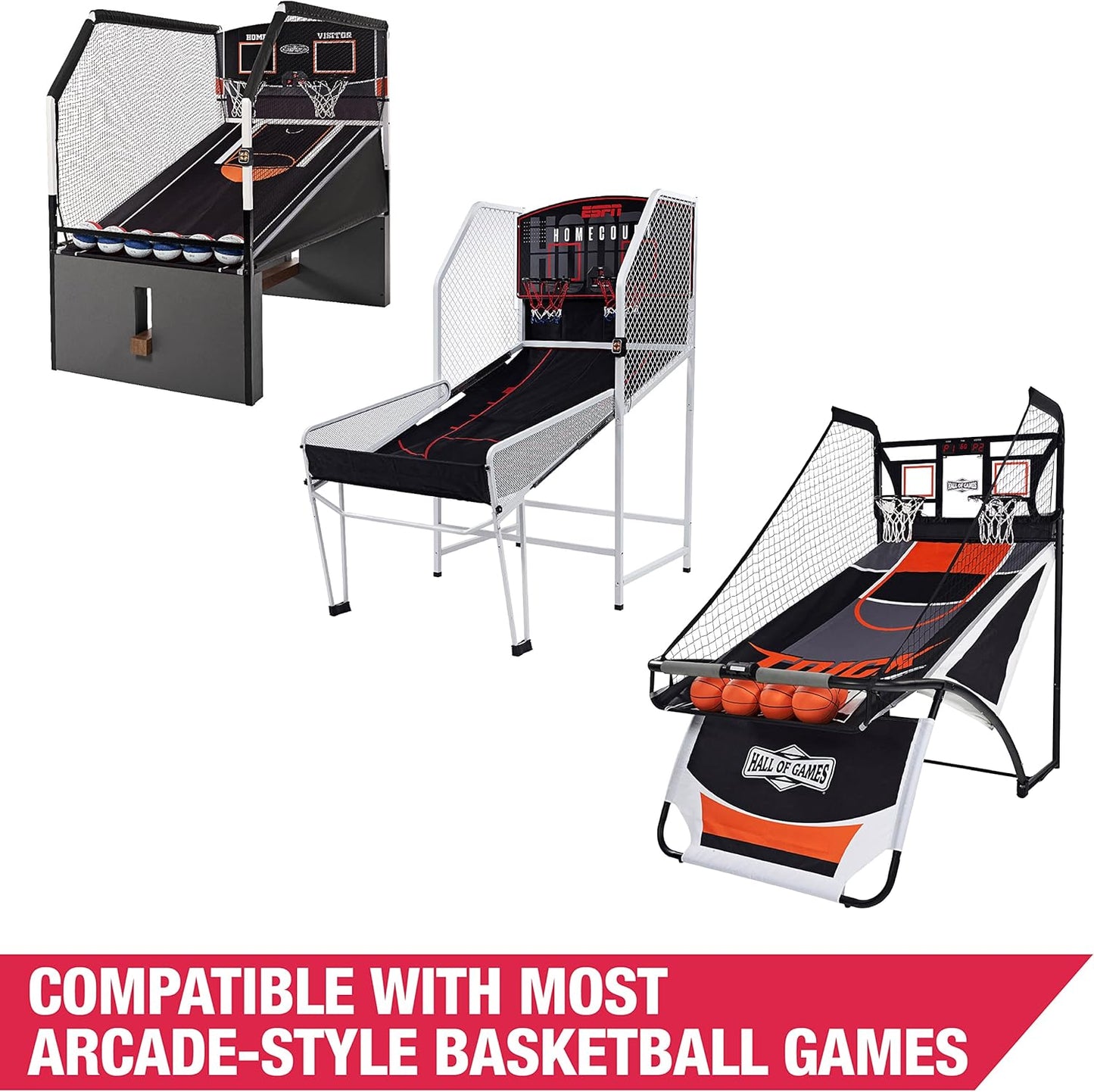 Hall of Games EZ Fold Premium Indoor Arcade Basketball Game with Steel Frame and Polycarbonate Backboard, Dual Shot Electronic Scoring with 6 Size 3 Balls Included, Perfect for Basement Game Rooms