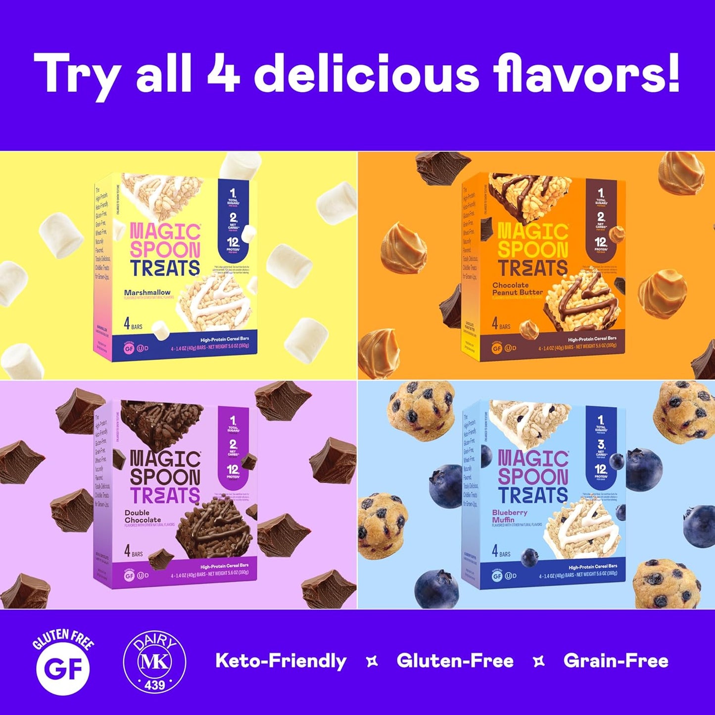 MAGIC SPOON Treats - High Protein Bars, Low Carb, Keto Friendly, 1g of Sugar, Gluten Free, Crispy Treat Cereal Bar, On-The-Go Healthy Snack (4 each of Marshmallow, Chocolate PB, Blueberry Muffin, Double Chocolate)