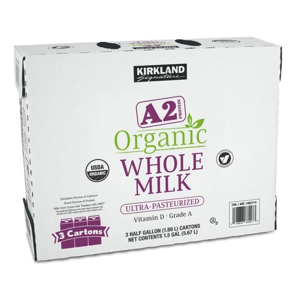 Kirkland Signature Organic Whole Milk, A2 Protein, Half Gallon, 3 ct
