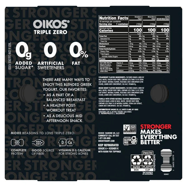 Oikos Triple Zero Greek Nonfat Yogurt, Variety Pack, 5.3 oz, 18-count