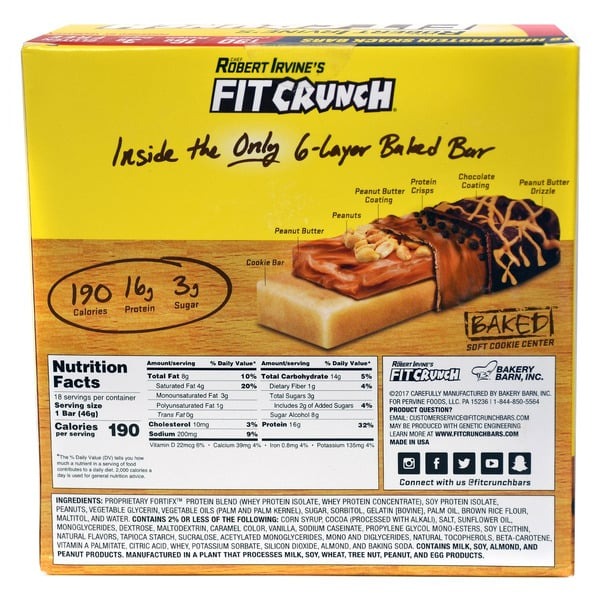 FITCRUNCH Protein Bars, 16g Protein, Chocolate Peanut Butter, 1.62 oz, 18-count