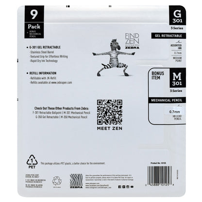 Zebra G-301 Retractable Gel Pen, Medium Point 0.7mm, Assorted Ink Colors, 9-count