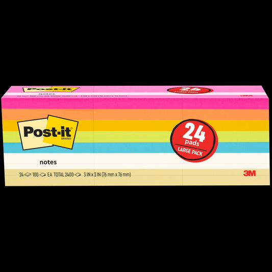 Post-it Notes, 3” x 3”, Assorted Bright Colors, 100 Sheets, 24 Pads