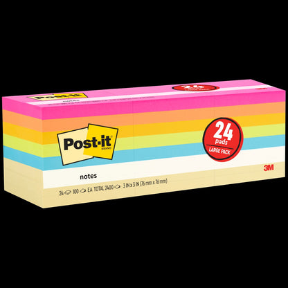 Post-it Notes, 3” x 3”, Assorted Bright Colors, 100 Sheets, 24 Pads