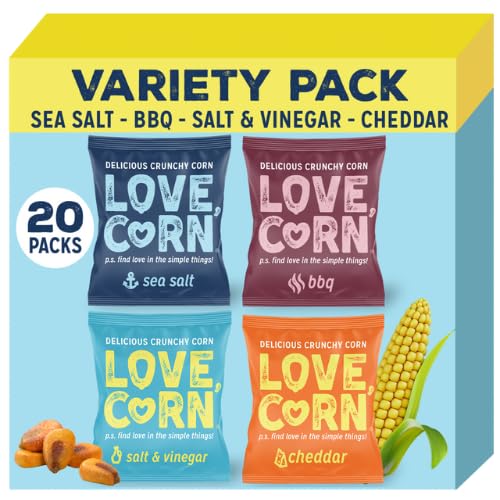 LOVE CORN Family Favorite - Sea Salt, BBQ, Salt & Vinegar, Cheddar 0.7oz x 20 - Delicious Crunchy Corn - Healthy Family Snacks - Gluten Free, NON-GMO - Alternative for Chips, Nuts, Crackers & Pretzels