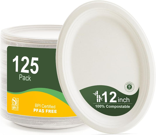 100% Compostable Oval Paper Plates 12 Inch, 125-Pack Large Heavy Duty Paper Plates Bulk,Biodegradable Bagasse,Eco-Friendly Disposable Dinner Plate for BBQ,Picnic,Party (BPI Certified,Microwaveable)