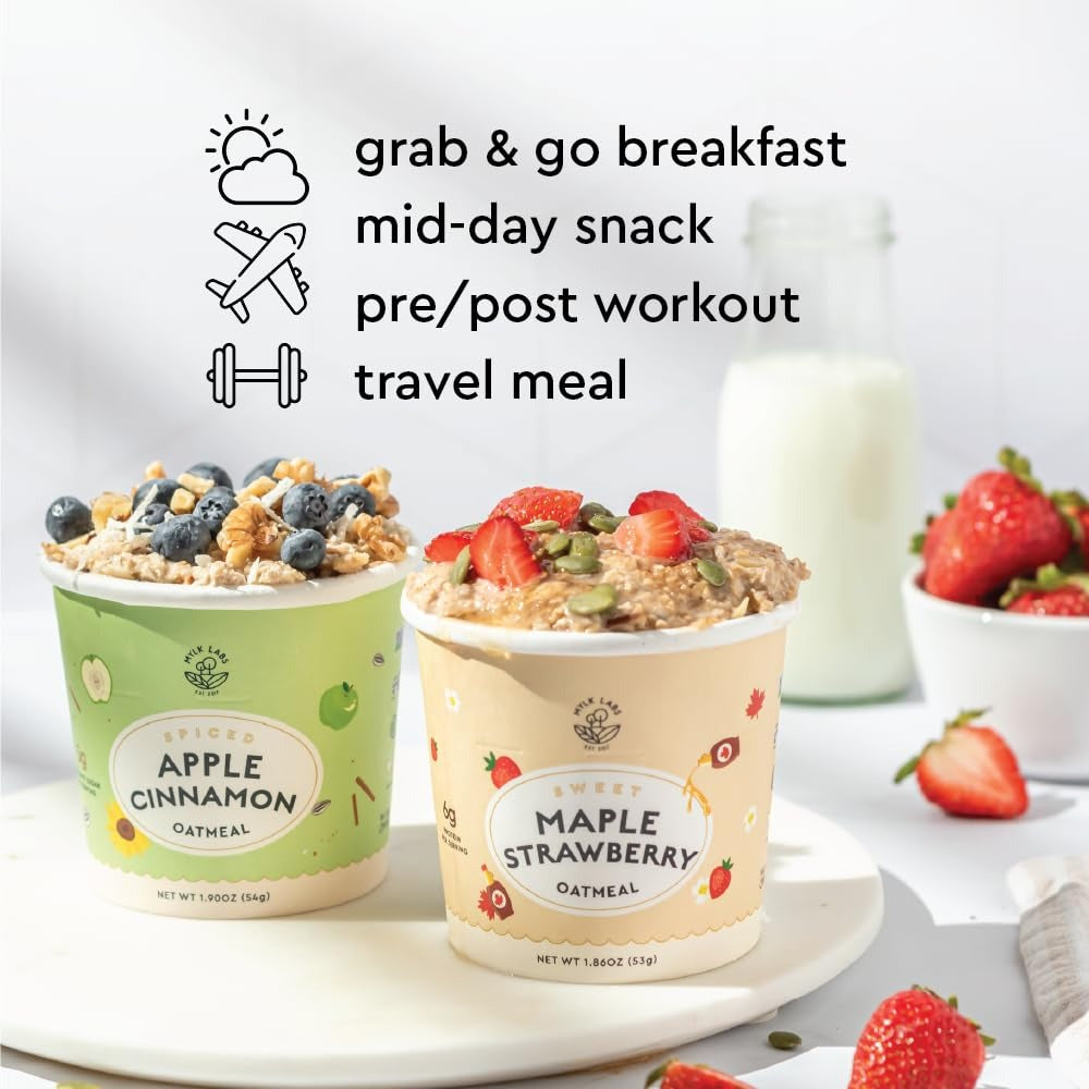 Mylk Labs Maple Strawberry Protein Oatmeal Cups – Whole Grain, Low Sugar Breakfast with Superfoods – Quick & Easy Instant Oatmeal, Non-GMO, Gluten Free, Nut Free (12 Pack)
