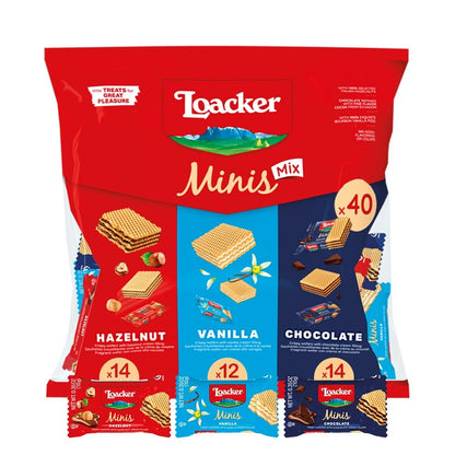 Loacker Minis Wafer Variety Pack - 30% Less Sugar - Premium Cream Filled Wafer Cookies - Mix of Hazelnut, Chocolate and Vanilla - NON-GMO - Sustainably Sourced - 40 Individually Wrapped Snack Packs