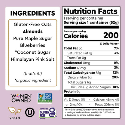 Mylk Labs Blueberry Maple Protein Oatmeal Cups, Whole Grain, Low Sugar, High Fiber Breakfast with Superfoods, Quick & Easy, On the Go, Instant Oatmeal, Rolled Oats, Gluten Free, Vegan, Nut Free, 12 Pack