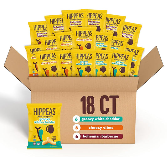 Hippeas Chickpea Puffs, Variety Pack: Groovy White Cheddar, Cheezy Vibes, Barbecue, 0.8 Ounce (Pack of 18), 3g Protein, 2g Fiber, Vegan, Gluten-Free, Crunchy, Plant Protein Snacks