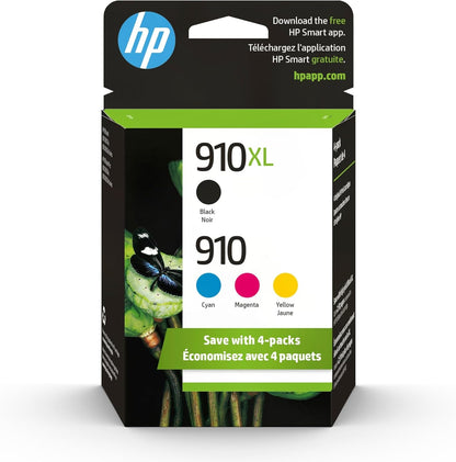 HP Original 910 Cyan, Magenta, Yellow / 910XL Black Ink Cartridges (4-Pack) | Works OfficeJet 8010, 8020 Series OfficeJet Pro 8020, 8030 Series | Eligible for Instant Ink | 3JB41AN