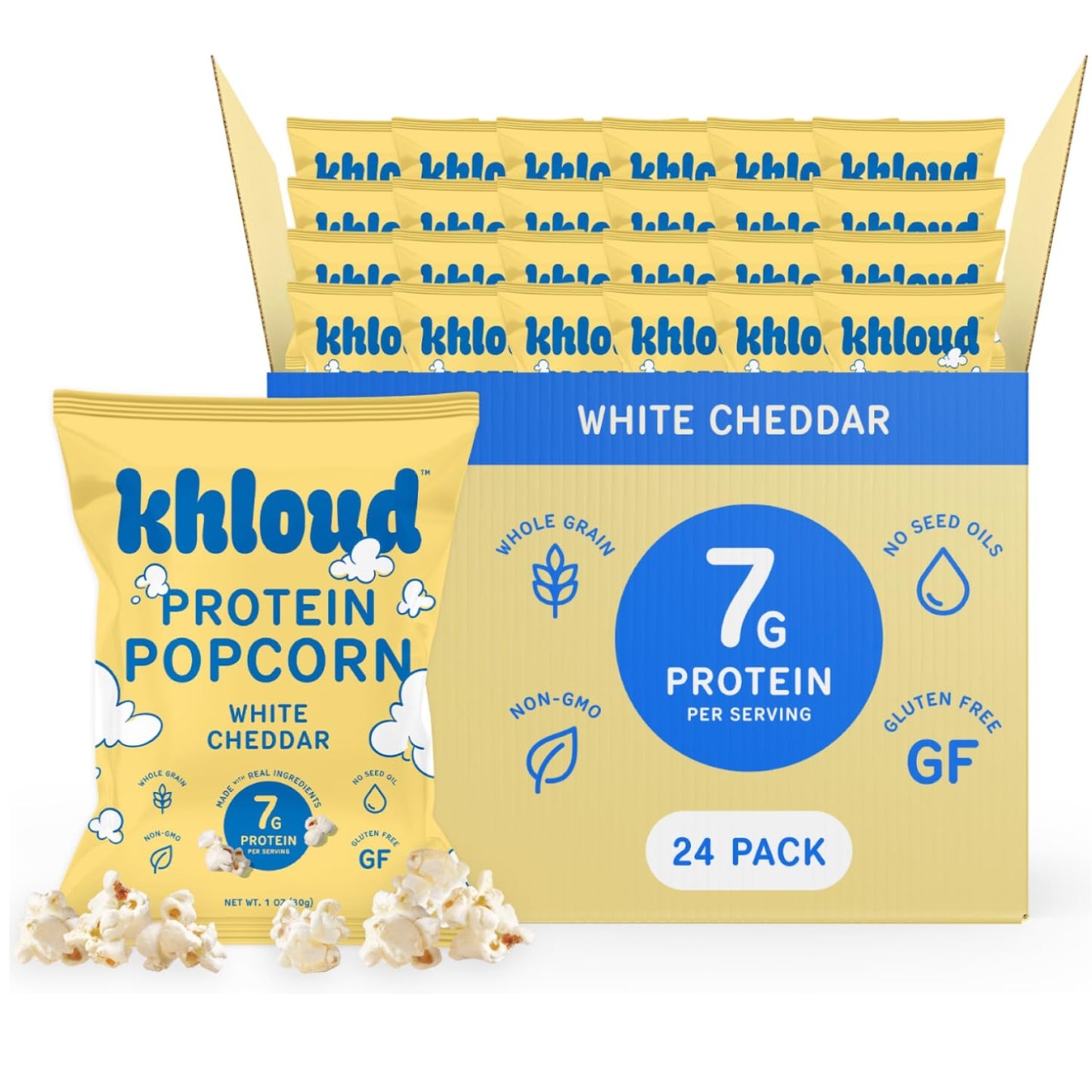 Khloud Protein Popcorn - White Cheddar - 7g Protein Snacks for Adults & Kids - Flavored Popcorn Made with Real Ingredients & Milk Protein Isolate - Non-GMO, Gluten-Free, Kosher - 1oz, 24ct