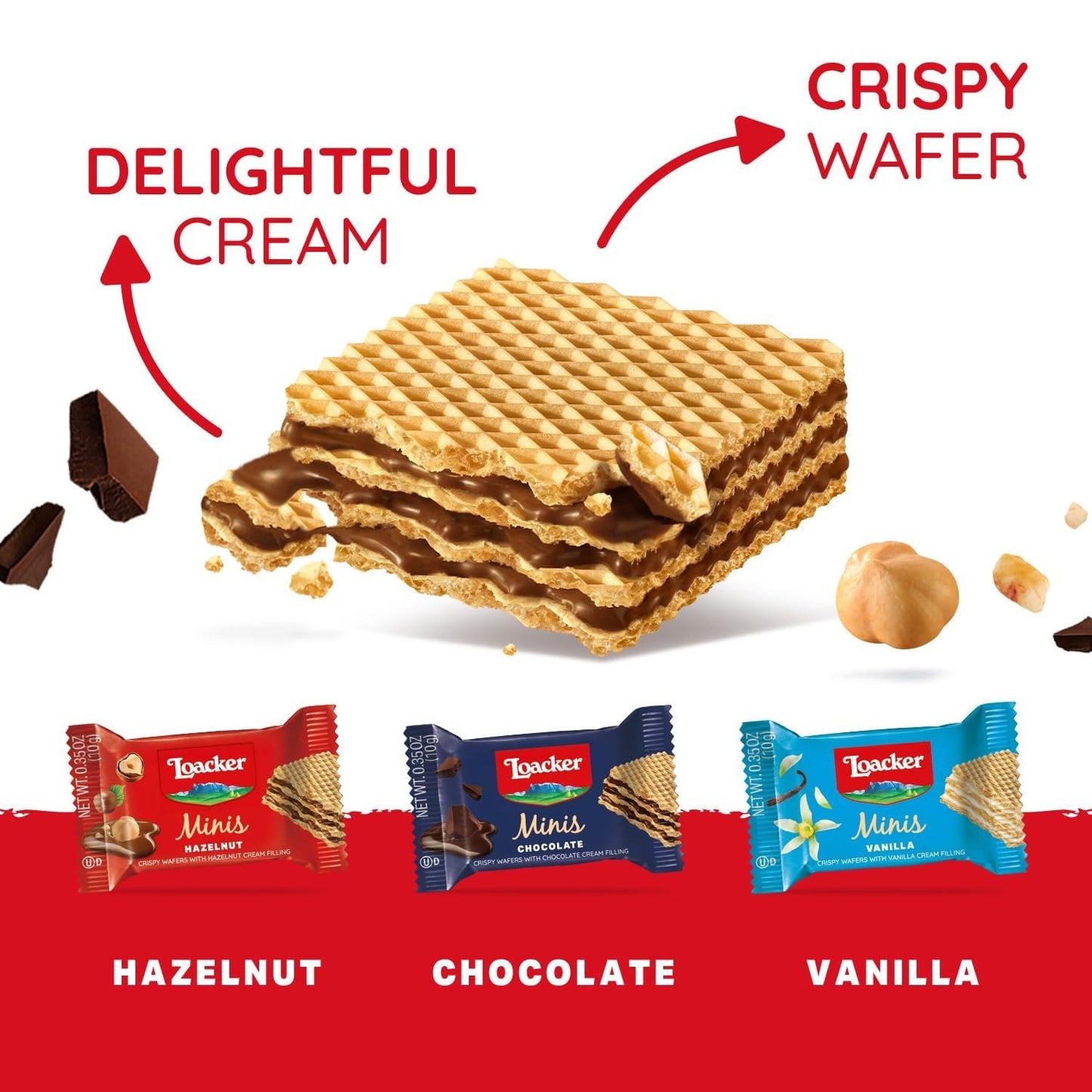 Loacker Minis Wafer Variety Pack - 30% Less Sugar - Premium Cream Filled Wafer Cookies - Mix of Hazelnut, Chocolate and Vanilla - NON-GMO - Sustainably Sourced - 40 Individually Wrapped Snack Packs