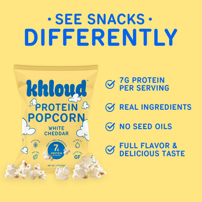 Khloud Protein Popcorn - White Cheddar - 7g Protein Snacks for Adults & Kids - Flavored Popcorn Made with Real Ingredients & Milk Protein Isolate - Non-GMO, Gluten-Free, Kosher - 1oz, 24ct