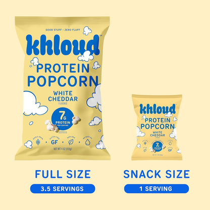 Khloud Protein Popcorn - White Cheddar - 7g Protein Snacks for Adults & Kids - Flavored Popcorn Made with Real Ingredients & Milk Protein Isolate - Non-GMO, Gluten-Free, Kosher - 1oz, 24ct