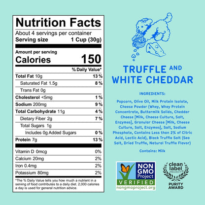 Khloud Protein Popcorn - Truffle & White Cheddar - 7g Protein Snacks for Adults & Kids - Flavored Popcorn Made with Real Ingredients & Milk Protein Isolate - Non-GMO, Gluten-Free, Kosher - 4oz, 12pk
