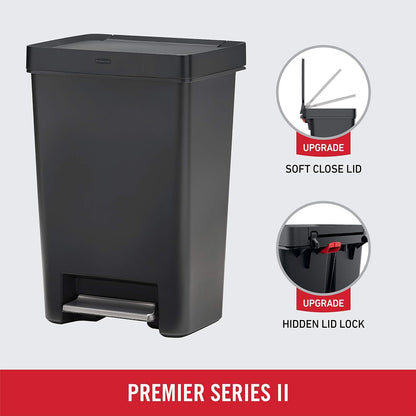 Rubbermaid Premier Series II Step-On Trash Can for Home and Kitchen, with Lid Lock and Slow Close, 12.4 Gallon, Charcoal, for Home/Kitchen/Garage/Apartment/Office