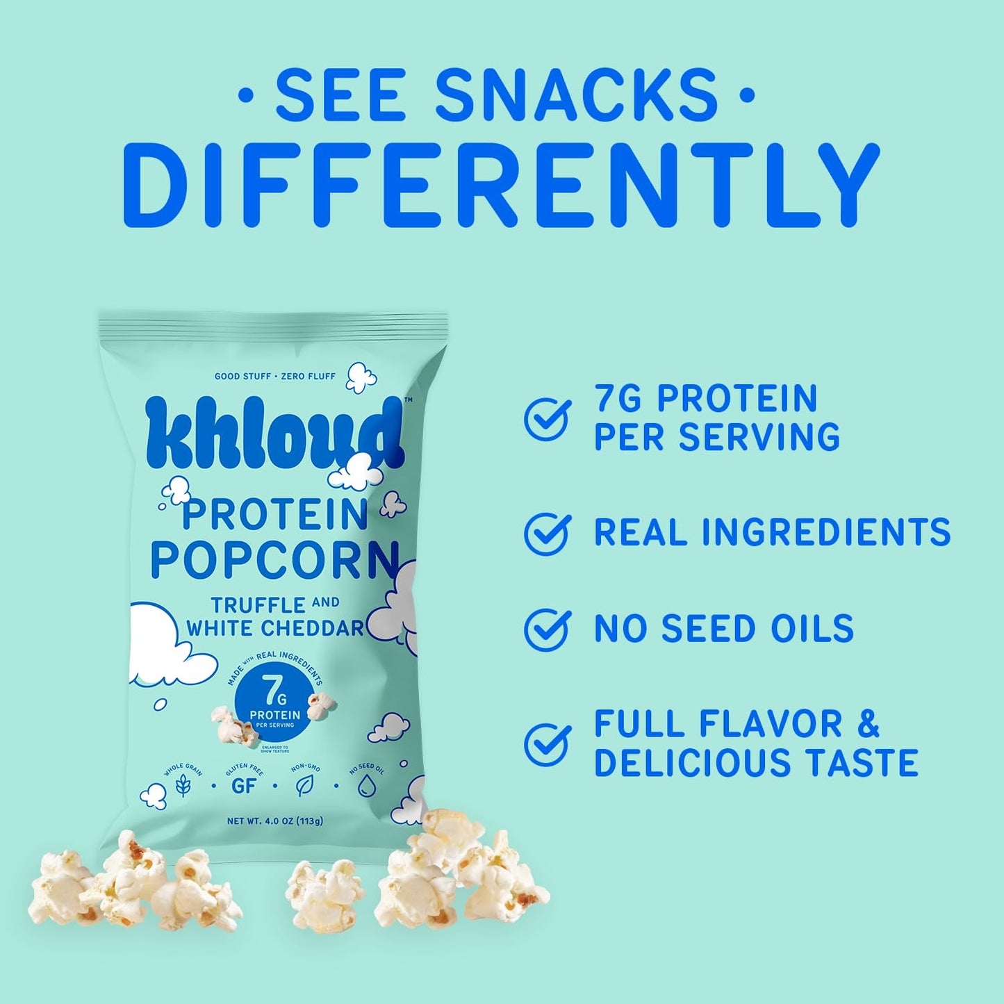 Khloud Protein Popcorn - Truffle & White Cheddar - 7g Protein Snacks for Adults & Kids - Flavored Popcorn Made with Real Ingredients & Milk Protein Isolate - Non-GMO, Gluten-Free, Kosher - 4oz, 12pk