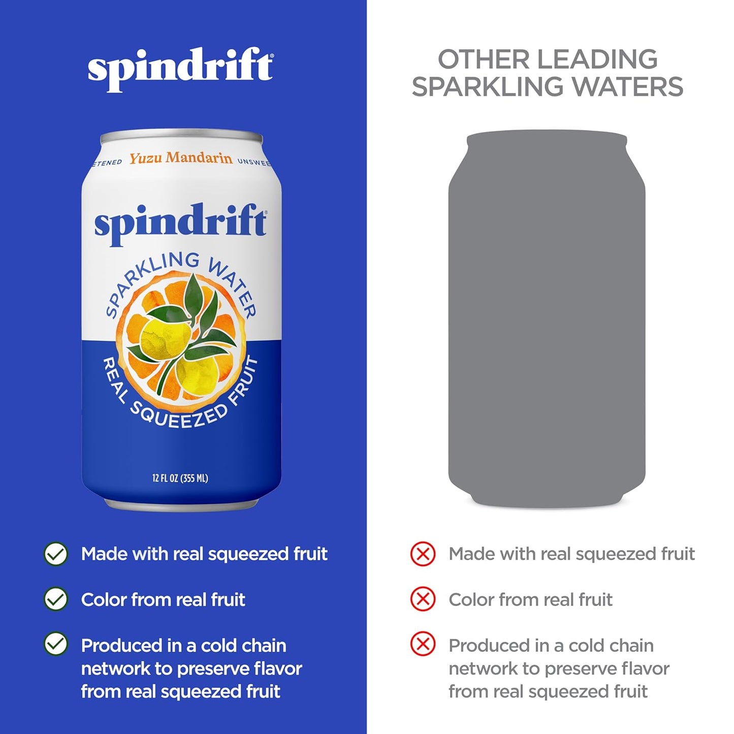Spindrift Sparkling Water, Yuzu Mandarin Flavored, Made with Real Squeezed Fruit, 12 Fl OZ Cans, Pack of 24 (Only 6 Calories per Can)