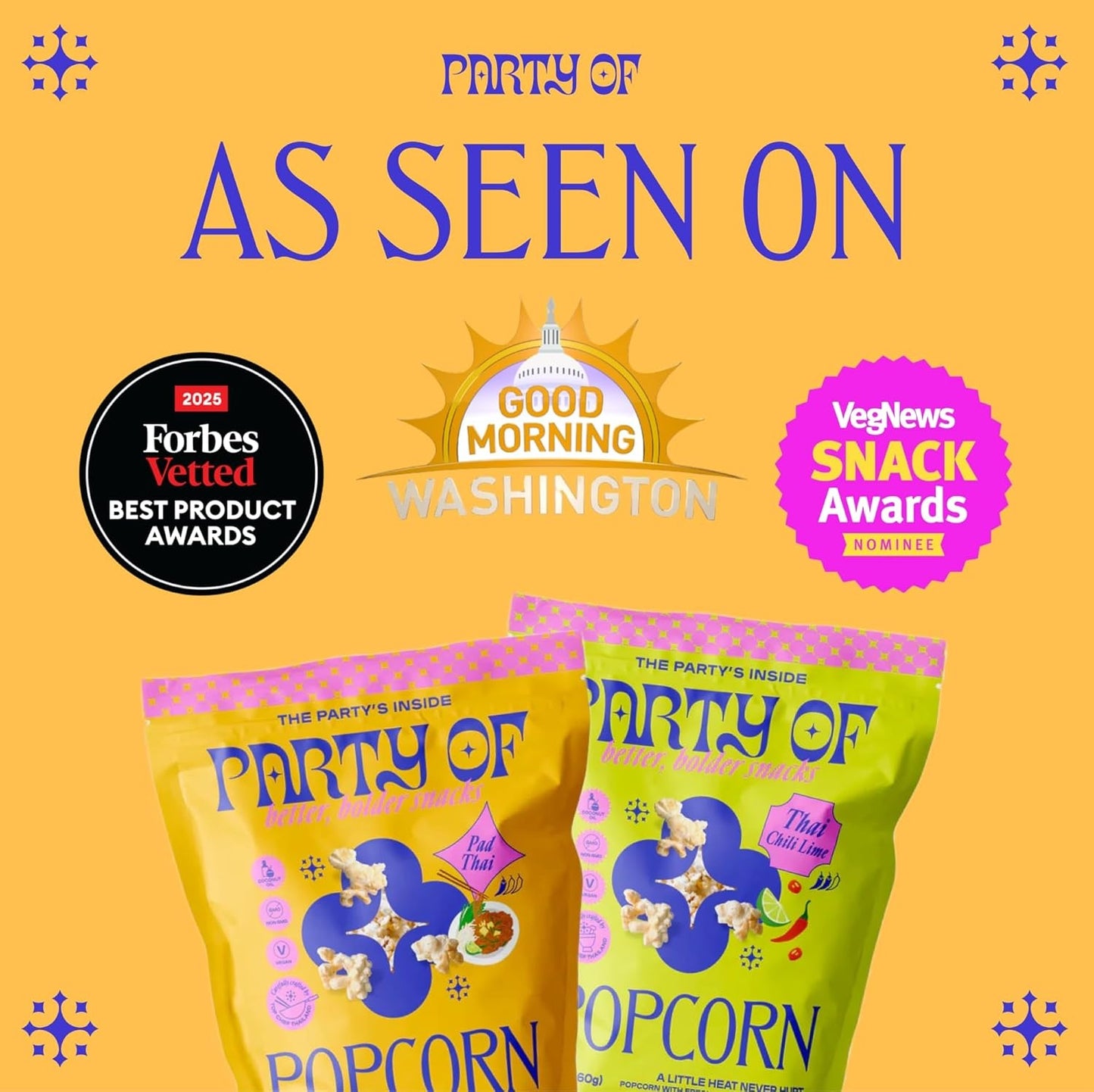 Party of Pad Thai Popcorn – Flavored Gluten-Free Snack Made from Veggie Ingredients, Individually Wrapped, Salted Variety Bags for Sharing, Movie Nights, or On-the-Go – Mini Size - 12 Pack