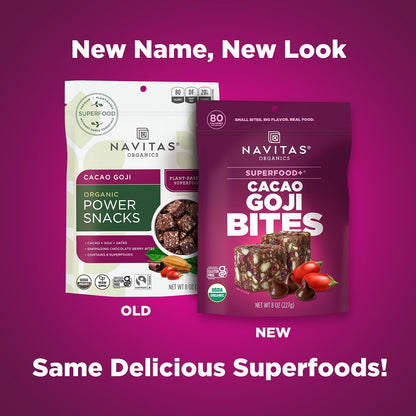 Navitas Organics Cacao Goji Superfood+ BITES – Power Snacks – All Natural Plant Based – Clean Energy & Nutrition – USDA Organic, Non GMO, Gluten Free, Soy Free, Kosher, Vegan (8oz. Bag 11 Servings)