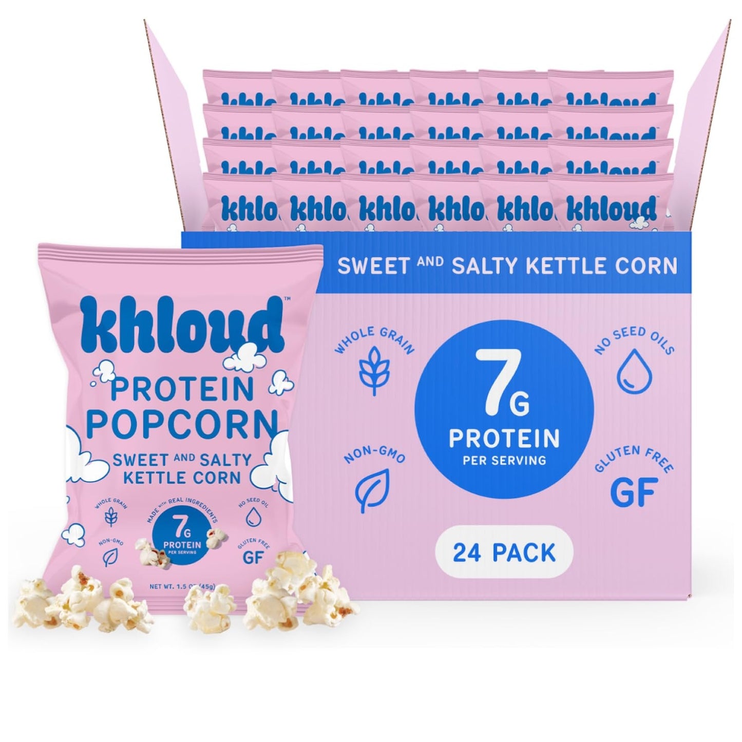 Khloud Protein Popcorn - Sweet & Salty Kettle Corn - 7g Protein Snacks for Adults & Kids - Flavored Popcorn Made with Real Ingredients & Milk Protein Isolate - Non-GMO, Gluten-Free, Kosher - 1oz, 24ct