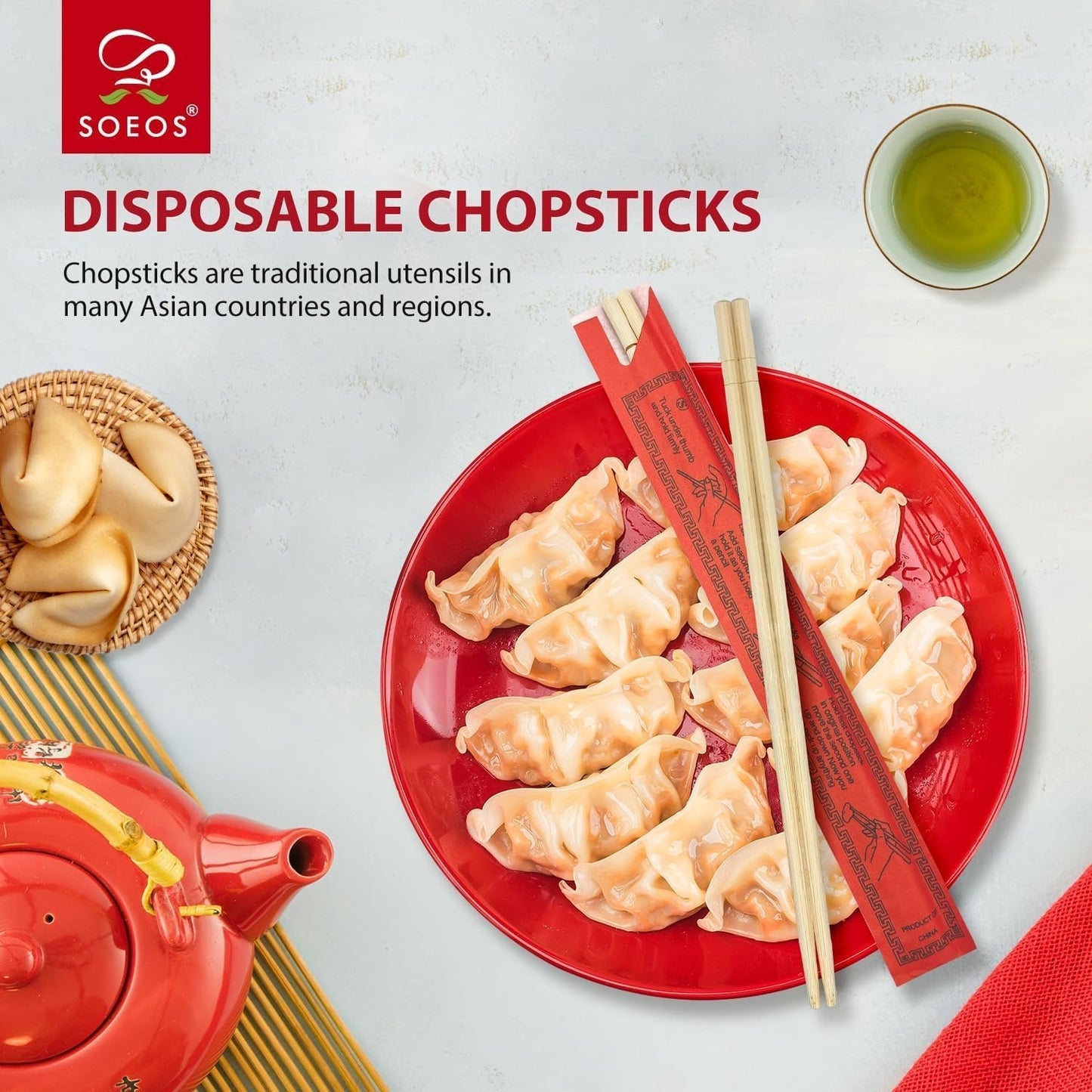 Soeos Disposable Bamboo Chopsticks, 100 Sets, Natural Wooden Chopsticks, Individually Wrapped, Splinter-Free, Lightweight & Durable
