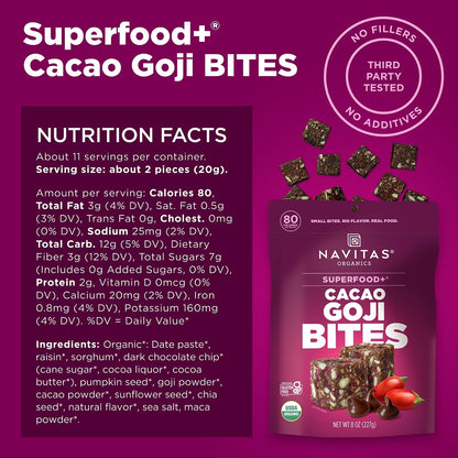 Navitas Organics Cacao Goji Superfood+ BITES – Power Snacks – All Natural Plant Based – Clean Energy & Nutrition – USDA Organic, Non GMO, Gluten Free, Soy Free, Kosher, Vegan (8oz. Bag 11 Servings)