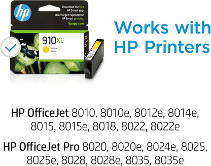 HP 910XL Yellow High-Yield Ink Cartridge | Works with OfficeJet 8010, 8020 Series, OfficeJet Pro 8020, 8030 Series | Eligible for Instant Ink | 3YL64AN